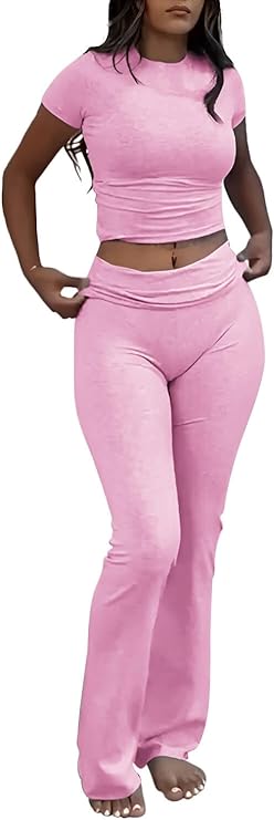 Women's 2-Piece Crop Top and Flare Pants Set – Short Sleeve Lounge & Streetwear Outfit