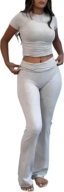 Women's 2-Piece Crop Top and Flare Pants Set – Short Sleeve Lounge & Streetwear Outfit