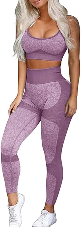 Women’s 2-Piece Seamless Workout Set – High-Waist Yoga Leggings & Cross-Back Sports Bra