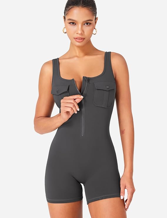 Women’s CoreFlex Zip-Up One-Piece Workout Romper – Sleeveless Cargo Jumpsuit with Chest Pockets & Open Back
