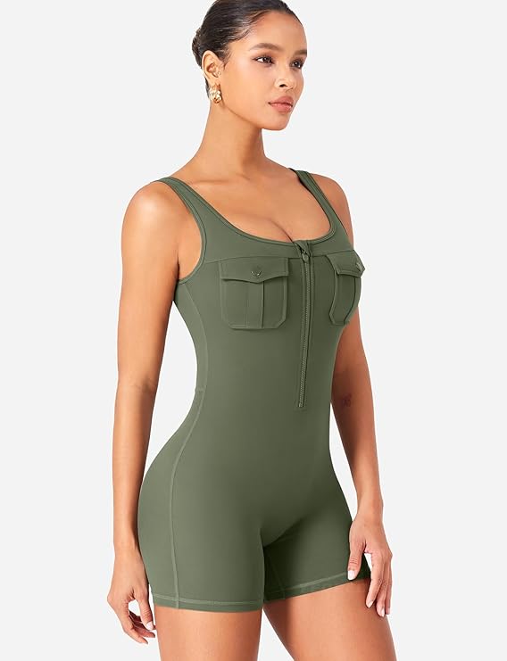 Women’s CoreFlex Zip-Up One-Piece Workout Romper – Sleeveless Cargo Jumpsuit with Chest Pockets & Open Back