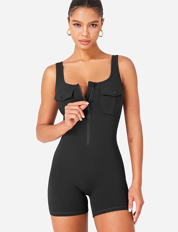 Women’s CoreFlex Zip-Up One-Piece Workout Romper – Sleeveless Cargo Jumpsuit with Chest Pockets & Open Back