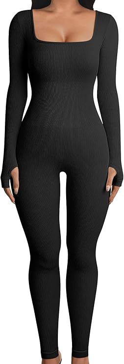 Women’s Seamless Long Sleeve Ribbed Jumpsuit – One-Piece Yoga Romper with Square Neck