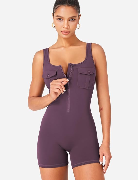 Women’s CoreFlex Zip-Up One-Piece Workout Romper – Sleeveless Cargo Jumpsuit with Chest Pockets & Open Back