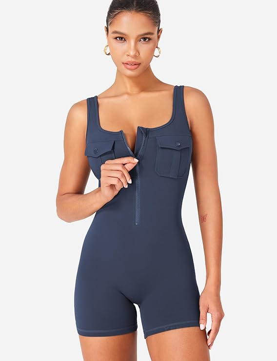 Women’s CoreFlex Zip-Up One-Piece Workout Romper – Sleeveless Cargo Jumpsuit with Chest Pockets & Open Back