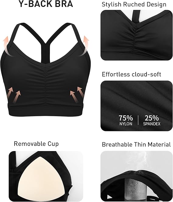 RUNNING GIRL Women’s Ruched V-Neck Y-Back Sports Bra – Removable Pads, Cloud-Soft Support for A-C Cups