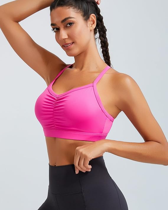 RUNNING GIRL Women’s Ruched V-Neck Y-Back Sports Bra – Removable Pads, Cloud-Soft Support for A-C Cups