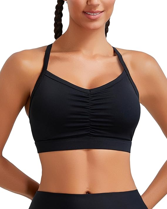 RUNNING GIRL Women’s Ruched V-Neck Y-Back Sports Bra – Removable Pads, Cloud-Soft Support for A-C Cups