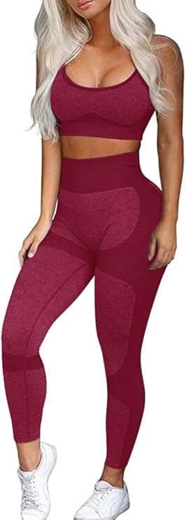 Women’s 2-Piece Seamless Workout Set – High-Waist Yoga Leggings & Cross-Back Sports Bra