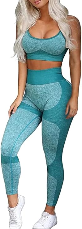 Women’s 2-Piece Seamless Workout Set – High-Waist Yoga Leggings & Cross-Back Sports Bra