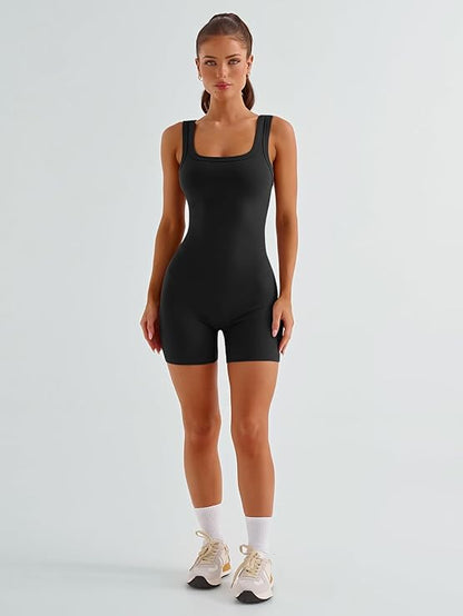 Women’s One-Piece Workout Romper – Sleeveless Scoop Neck Active Bodysuit