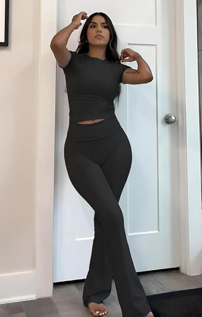 Women's 2-Piece Crop Top and Flare Pants Set – Short Sleeve Lounge & Streetwear Outfit