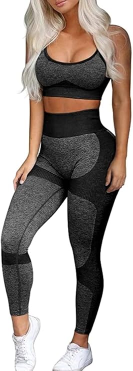 Women’s 2-Piece Seamless Workout Set – High-Waist Yoga Leggings & Cross-Back Sports Bra