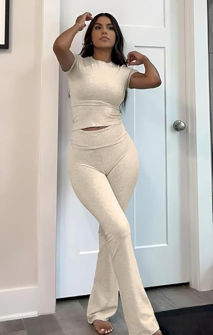 Women's 2-Piece Crop Top and Flare Pants Set – Short Sleeve Lounge & Streetwear Outfit