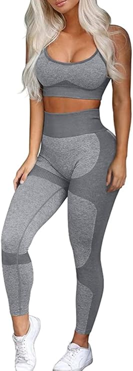 Women’s 2-Piece Seamless Workout Set – High-Waist Yoga Leggings & Cross-Back Sports Bra