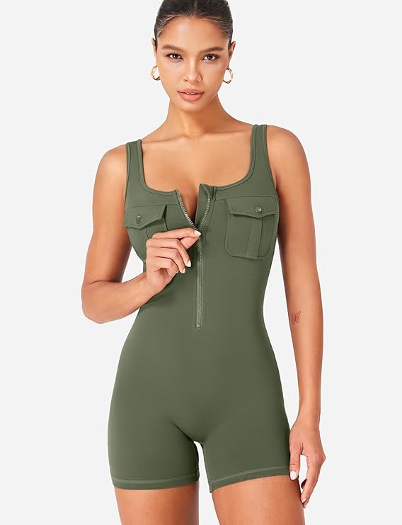 Women’s CoreFlex Zip-Up One-Piece Workout Romper – Sleeveless Cargo Jumpsuit with Chest Pockets & Open Back