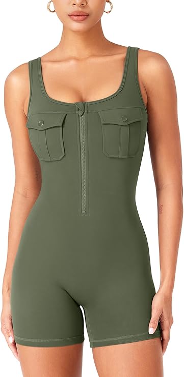 Women’s CoreFlex Zip-Up One-Piece Workout Romper – Sleeveless Cargo Jumpsuit with Chest Pockets & Open Back