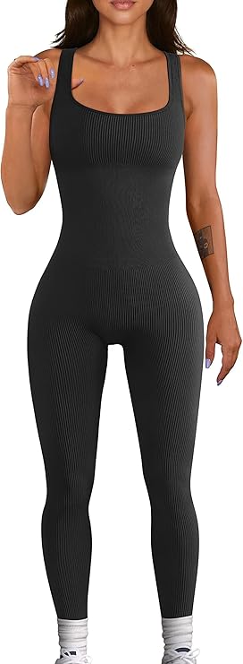 Seamless Ribbed Workout Jumpsuit – One-Piece Yoga Tank Romper with Sculpting Fit