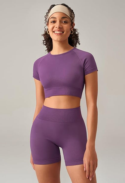 Women’s Seamless 2-Piece Workout Set – Crop Top & High-Waist Shorts | Gym & Yoga Activewear