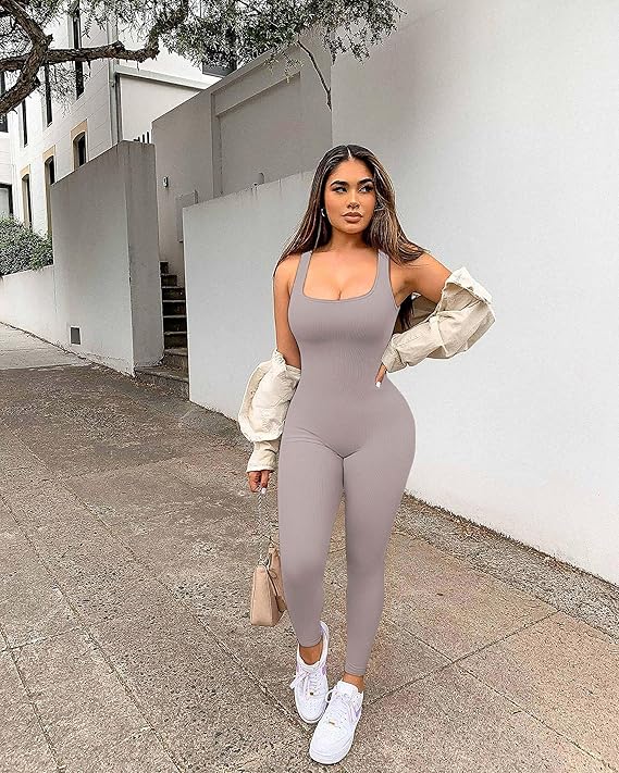 Seamless Ribbed Workout Jumpsuit – One-Piece Yoga Tank Romper with Sculpting Fit
