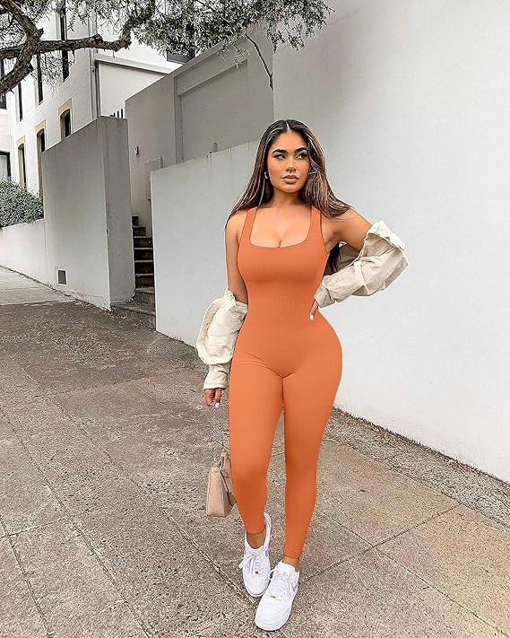 Seamless Ribbed Workout Jumpsuit – One-Piece Yoga Tank Romper with Sculpting Fit