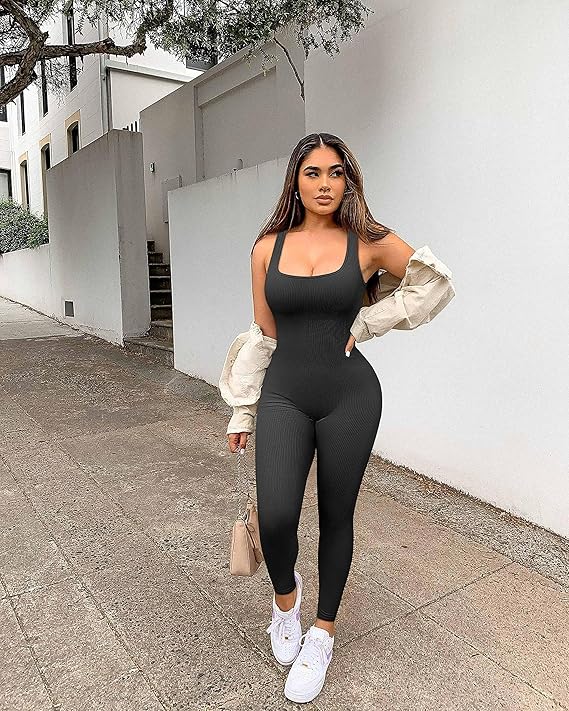 Seamless Ribbed Workout Jumpsuit – One-Piece Yoga Tank Romper with Sculpting Fit