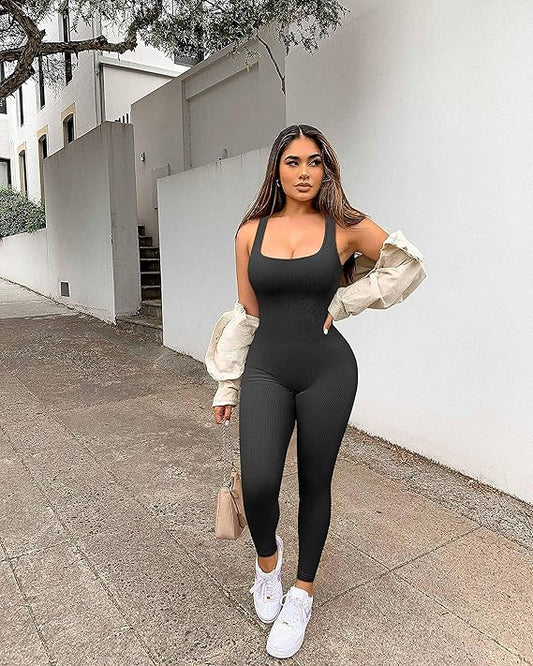 Seamless Ribbed Workout Jumpsuit – One-Piece Yoga Tank Romper with Sculpting Fit