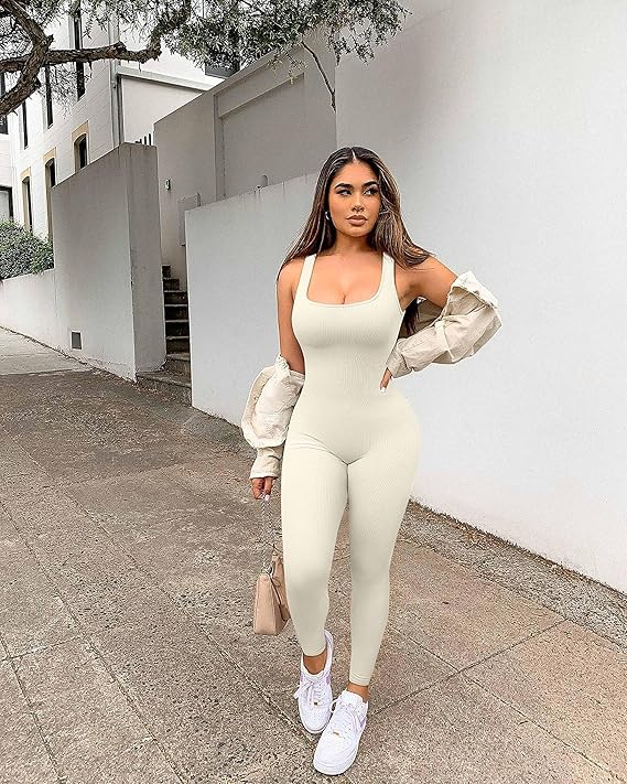 Seamless Ribbed Workout Jumpsuit – One-Piece Yoga Tank Romper with Sculpting Fit